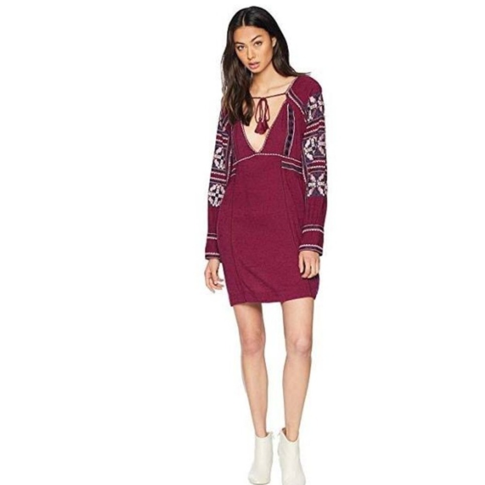 Free People All My Life Mini Dress Size XS Embroidered Tassel Boho Peasant Top